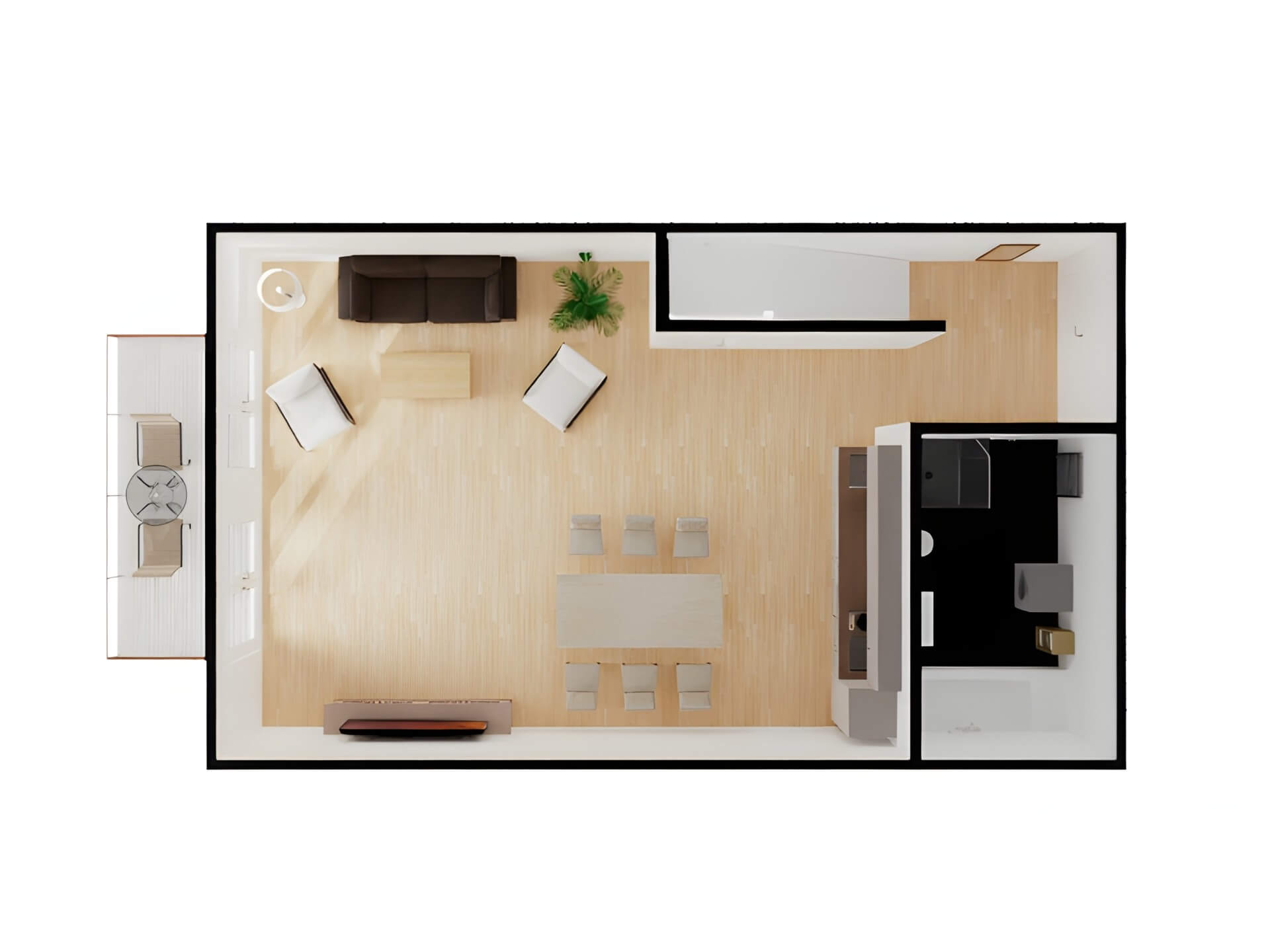 Grundriss 1. Etage: Wohnen, Essen, Küche und Gäste-WC