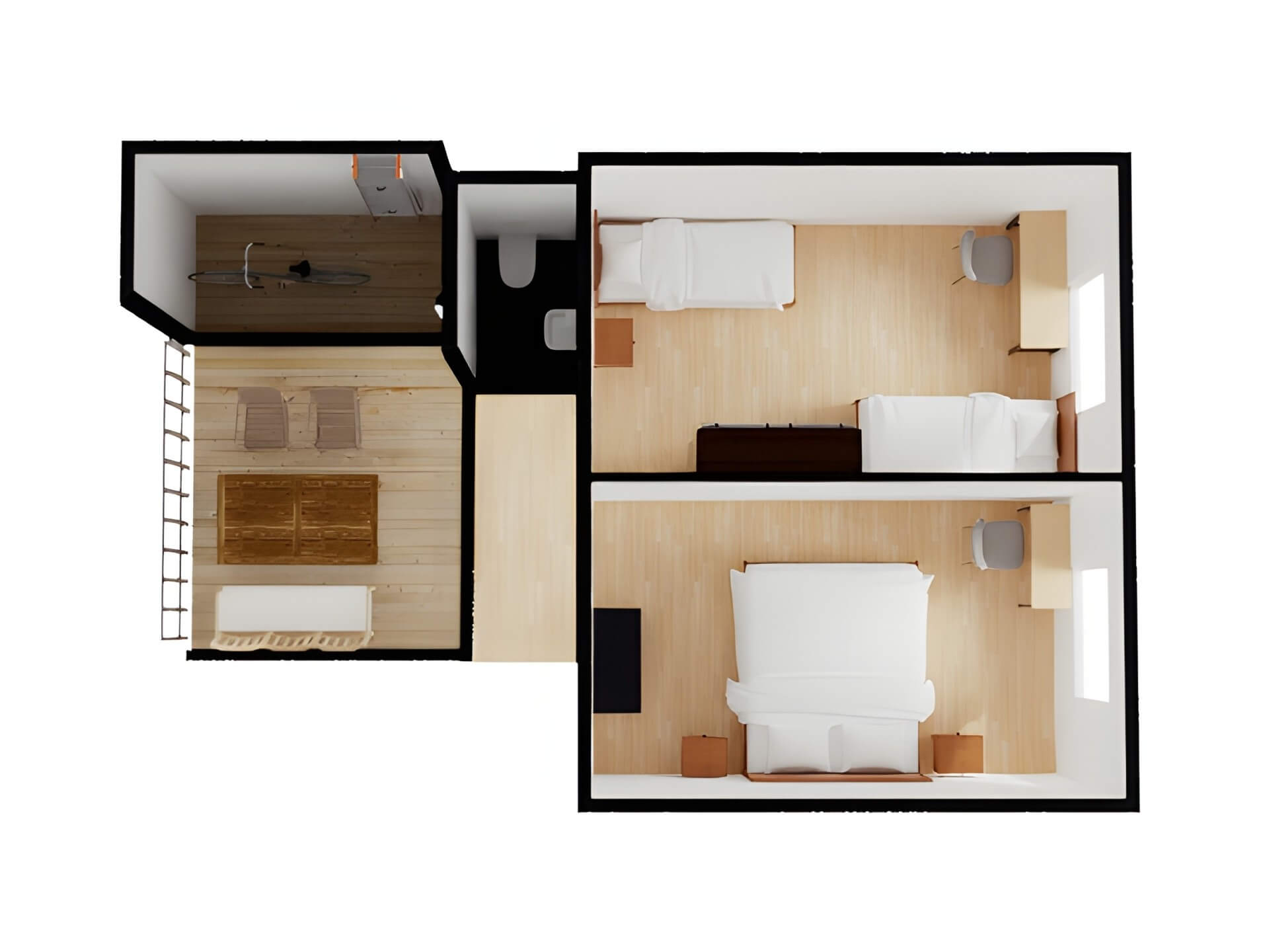 Grundriss Obergeschoss: zwei Schlafzimmer und Bad